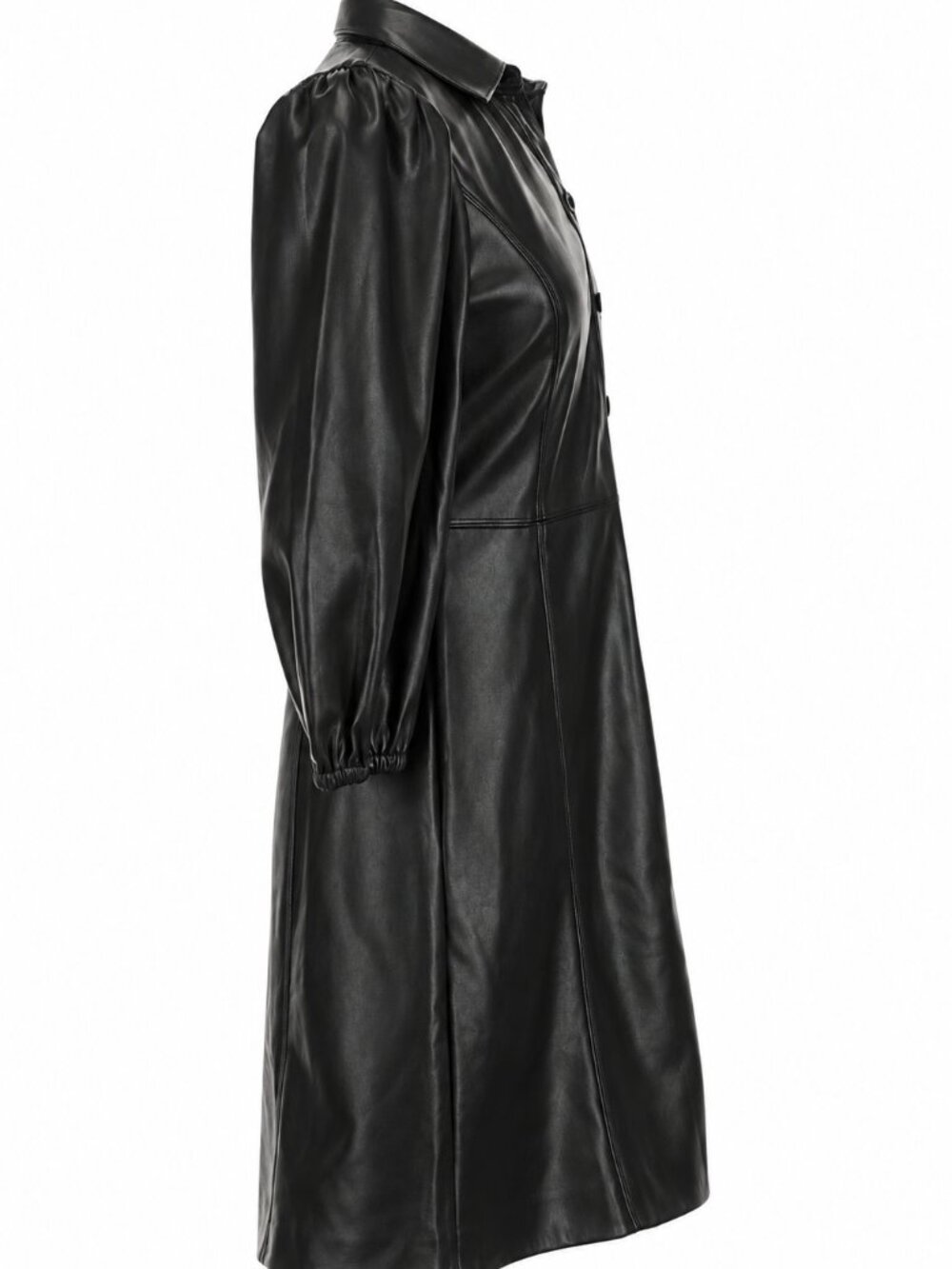 GAP Women's Black Faux Leather Button-Front Puff Sleeve Shirt Dress, XS - Picture 4 of 7
